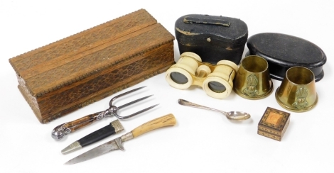 Miscellaneous items, to include two Royal Artillery shell case egg cups, a Tunbridge ware stamp box, small hunting knife with leather scabbard and antler handle, toasting fork, pair of ivory mounted opera glasses stamped J H Steward, Opticians London, etc