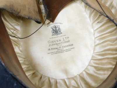 A Gieves of London black silk collapsible opera hat, another top hap stamped Dunn and Co, and a Gieves Limited bowler hat (AF). (3) - 2