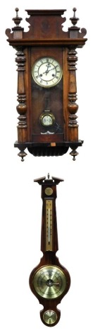 A Vienna wall clock, in walnut case with turned pilasters, and a mahogany aneroid barometer bearing plaque for Presidents Prize, 1989, the clock 72cm high.