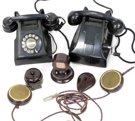 A brown Bakelite telephone, and an exchange telephone with Art Deco Bakelite case, with revolving handle, etc.