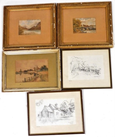 Louis Lowstorn, Earlswater watercolour, WH Young, a Surrey village, watercolour, L Southian, village bridge, and a pair of prints signed Alan Oliver. (5)