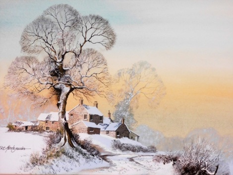 R Allcock Bowden. Winter landscape with trees, cottages, watercolour heightened in white, 32cm x 45cm.