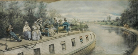 After Edward Henry (1841-1919). Figures on a canal boat, coloured print, 33cm x 86cm.