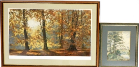 After David Shepherd. Autumn, coloured print, 48cm x 41cm, and an early 20thC watercolour of a rural landscape. (2)