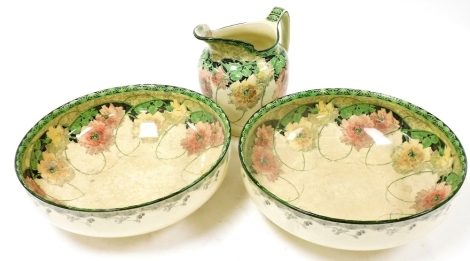 A Royal Doulton Briar Rose pattern wash jug, and two bowls, RD number 453404.