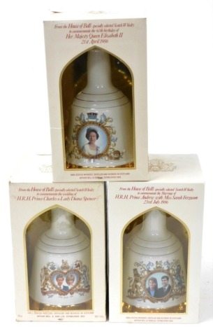 Three Bells Whisky decanters, to commemorate the wedding of HRH Prince Charles to Lady Diana Spencer, to commemorate the 60th birthday of Her Majesty Queen Elizabeth II, and to commemorate the marriage of HRH Prince Andrew with Miss Sarah Ferguson, boxed 