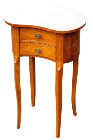 A continental teak and marquetry kidney shaped table, with two frieze drawers, on shaped legs, 67cm high, 45cm wide, 36cm deep.