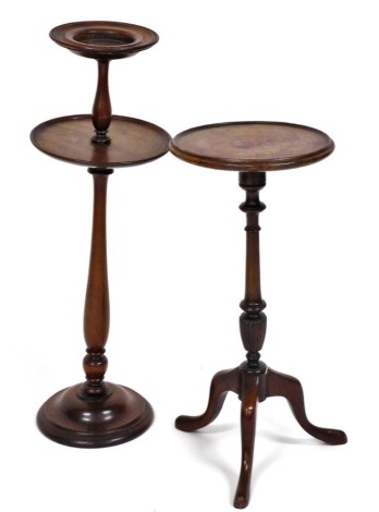A turned mahogany smoker's stand, on a domed foot, 71cm high, and a small wine table, with a dish top turned column and tripod base, 56cm high.