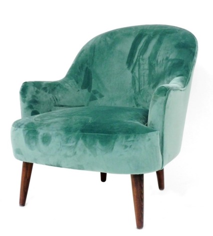 A Victorian style tub chair by RJ Binnie, upholstered in green fabric, on turned tapering legs.