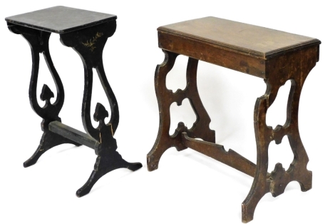 A late 19thC oak organ stool, with Gothic pierced sides, 61cm wide, and a small papier mache occasional table, from a nest (AF).
