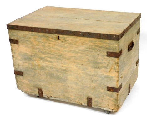 A bleached pine and metal silver chest, with vacant interior, on castors, 65cm high, 91cm wide, 60cm deep.