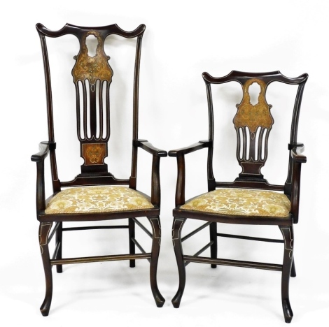 An Edwardian lady's and gentleman's open armchair, each with rosewood, boxwood and simulated ivory marquetry panels, simulated ivory stringing and a padded seat on cabriole legs.