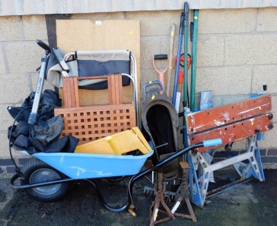 Garden tools, wheelbarrow, work bench, Halfords car jack, etc. (a quantity)