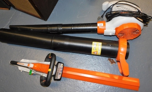 A Stihl leaf blower, SHE71, and a Stihl hedge trimmer, HSA45.