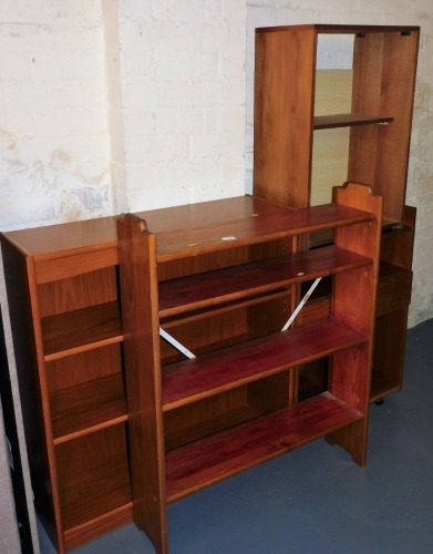 A stained pine open bookshelf, 102cm high, 82cm wide, a further set of shelves, etc. (a quantity)