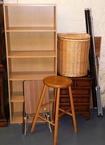 A group of furniture, to include an 18thC style small chest of two short and three long drawers, 61cm high, 47cm wide, 32cm deep, a wicker laundry bin, a beech stool, projector screen, etc. (a quantity)