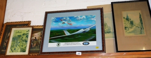Various pictures prints, etc., to include Operation Diamond Circuit celebrating sixty years of volunteer gliding, school print, continental street scenes, etc. (a quantity)