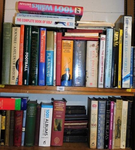 Various books, fiction, non fiction, to include Follett (Ken) World Without End and The Pillars of The Earth, signed, The Complete Book of Golf, Oxford Companion to English literature, Stories for Boys of Today, etc. (2 shelves)