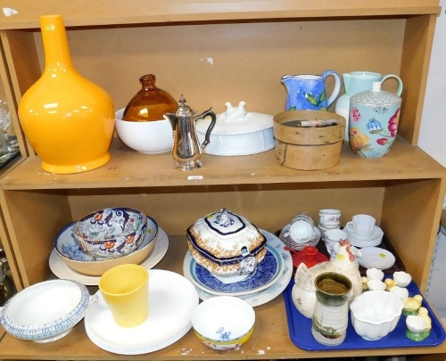 Decorative ceramics, etc., to include a Royal Worcester pie dish and cover, various jugs, a silver plated hot water jug with an ebonised knop and handle, a Japanese Amherst ironstone pedestal bowl, decorated with flowers, 24cm diameter, part tea wares, fi