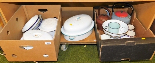 A group of enamel wares, to include colander, various mugs, teapot, bowls, plates, etc. (1 shelf)