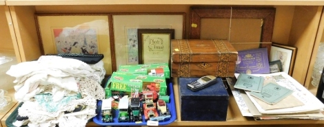 A group of play worn die cast cars, a Perrier van, Liptons tea, motor cars, boxed Corgi Premiums, vintage vans, a 19thC inlaid work box (AF), an oak frame, worked linen, commemorative wares, a Nokia mobile phone, a Boots first aid metal tin, pictures, pri