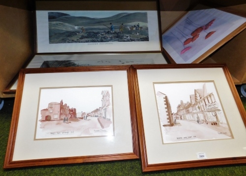 A group of hunting related prints, to include the Belvoir at Knipton, limited edition signed in pencil to margin, 504/850, after Elizabeth Sharp, Wild Duck Shooting framed colour print and Grouse Shooting framed colour print, together with two watercolour