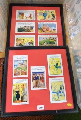 Various framed reproduction postcards, contained in two frames.