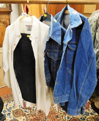 A Wrangler light weight denim jacket, a Levi's light weight denim jacket, a pair of Levi's 726 grey jeans, and a Levi's white cotton shirt, sizes unknown.