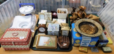 General household effects, an Estyma quartz carriage clock, 12cm high, various treen items, to include a yew vase, 18cm high, a carved hardwood dish, 27cm diameter, various tins, sewing box, etc. (a quantity)