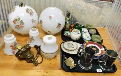 Various glass light shades, tankards, Hummel figure of a lady behind fence, (AF), trinket box, etc. (2 trays and loose)