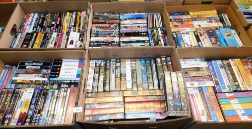 Various VHS tapes, DVDs, etc., to include Marley and Me, The Mummy, Oculus, Dracula, Vicar of Dibley, etc. (6 boxes)