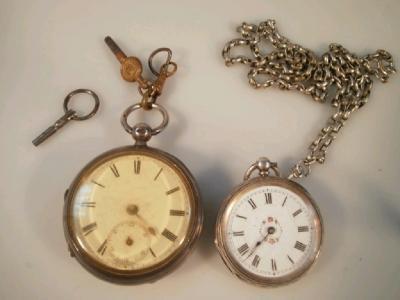 Two silver pocket watches and a belcher chain