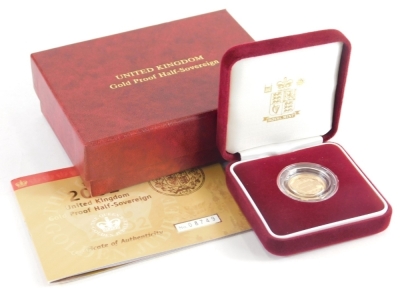 An Elizabeth II gold proof half sovereign, 2002, in outer case with paperwork.