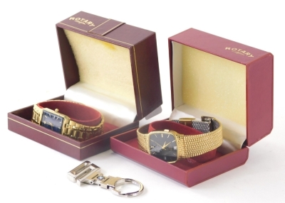 A Rotary gentleman's quartz wristwatch, the rectangular black dial with baton numerals and pointers with textured bracelet, another and a BMW S key ring. (3 partially boxed with some paperwork)