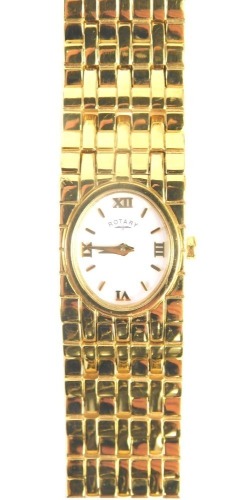 A ladies Rotary wristwatch, with 1cm oval dial and baton numerals and pointers, with a textured bracelet. (in associated box)