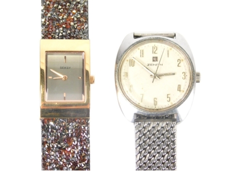 A gentleman's Zenith automatic wristwatch, with 3cm wide shaped dial and textured bracelet and a ladies Seksy fashion watch. (2)