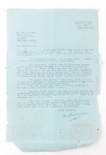 Cricket interest. A typed letter from Sir Donald (Don) George Bradman, dated 31st January 1980, regarding a collection of oil paintings, whether he would attend the Centenary Test match and why he couldn't associate his name to a Gunn & Moore bat, typed l