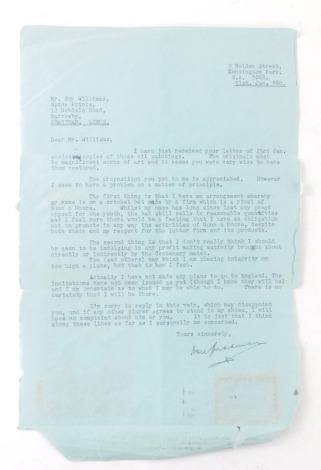 Cricket interest. A typed letter from Sir Donald (Don) George Bradman, dated 31st January 1980, regarding a collection of oil paintings, whether he would attend the Centenary Test match and why he couldn't associate his name to a Gunn & Moore bat, typed l