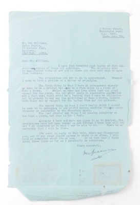 Cricket interest. A typed letter from Sir Donald (Don) George Bradman, dated 31st January 1980, regarding a collection of oil paintings, whether he would attend the Centenary Test match and why he couldn't associate his name to a Gunn & Moore bat, typed l