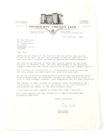 Cricket Interest. A letter on Melbourne Cricket Club headed paper from John Lill, thanking the recipient for two prints that are on show at The Australian Gallery Of Sport, typed letter, signed in ink.