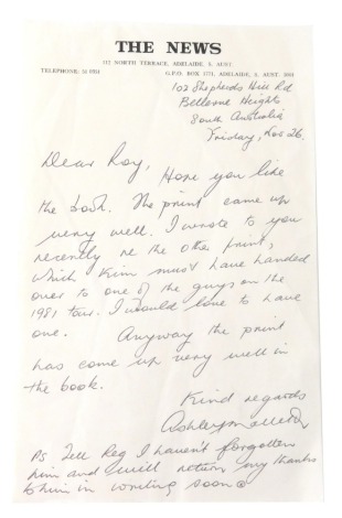 Cricket Interest. A handwritten letter on The News headed paper, from Ashley Mallet, thanking the recipient for a print used in his book A Hundred Ways Of Playing Cricket, handwritten and signed in black pen.