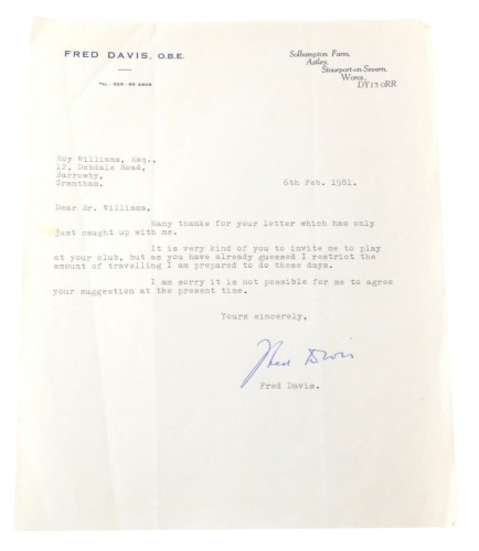 Snooker interest. A typed letter from Fred Davis OBE dated 6th February 1981, regarding an invitation to play in a club exhibition, on official letter head, signed in blue pen.