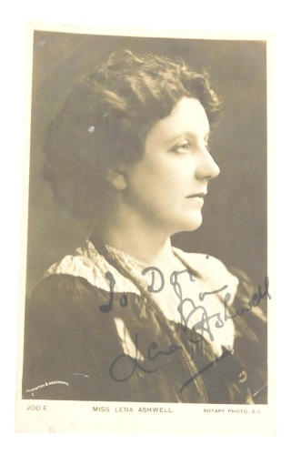 A photograpic postcard of Lena Ashwell, hand titled and signed in black ink, 8cm x 13cm.