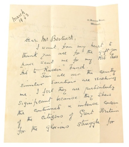 Churchill interest. A handwritten letter by Lady Clementine Churchill, on 10 Downing Street headed paper dated March 1943 to a Mr. Bestwick, thanking him for a gift and the British struggle for freedom, signed and written in blue ink, in War Economy stamp