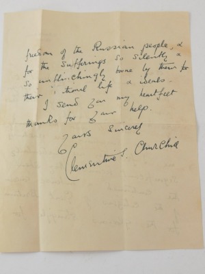 Churchill interest. A handwritten letter by Lady Clementine Churchill, on 10 Downing Street headed paper dated March 1943 to a Mr. Bestwick, thanking him for a gift and the British struggle for freedom, signed and written in blue ink, in War Economy stamp - 2