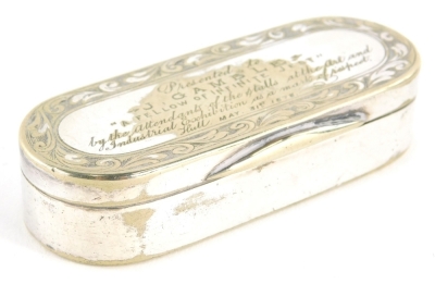 A 19thC oval silver plated snuff box, presented to J Gamble, with etched lid, thumb mould handle and plain interior, 8cm wide.