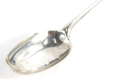 An 18thC Scottish provincial silver spoon, with slender stem and plain bowl maker BL, 16cm wide.