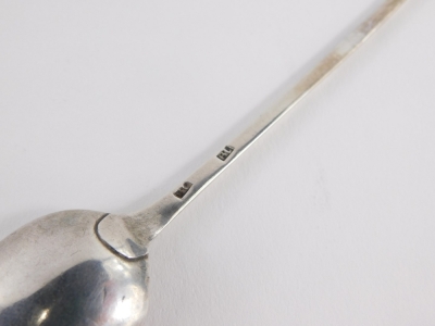 An 18thC Scottish provincial silver spoon, with slender stem and plain bowl maker BL, 16cm wide. - 3