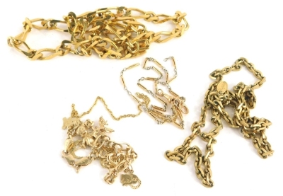 A slender fancy link bracelet, with various charms, some marked 14k, to include teddy bear, 2cm high, etc., various gold plated necklaces, etc. (a quantity)