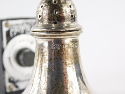 A Victorian two sided medallion, 6cm diameter, silver pepper pot, 1½oz, and a Corfield light meter. (3) - 2